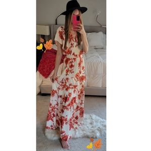 SOLD - Red Dress Floral Flutter Sleeve Maxi Dress